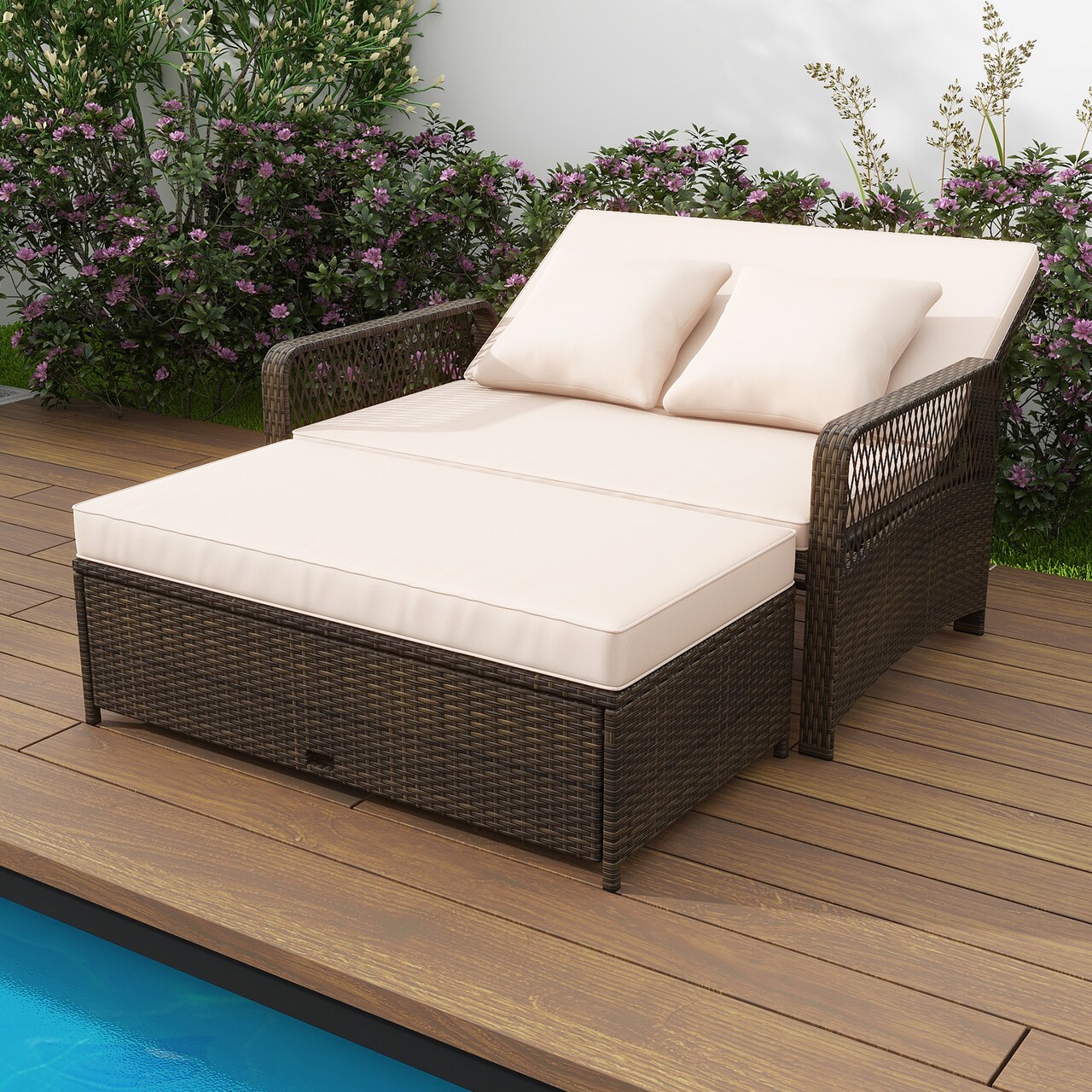 Patio Loveseat and Ottoman Set with 4-level Adjustable Backrest and Storage Area